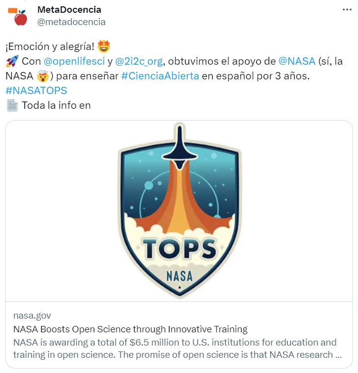 Excitement and joy! We got the support of NASA to teach #OpenScience in Spanish for 3 years.